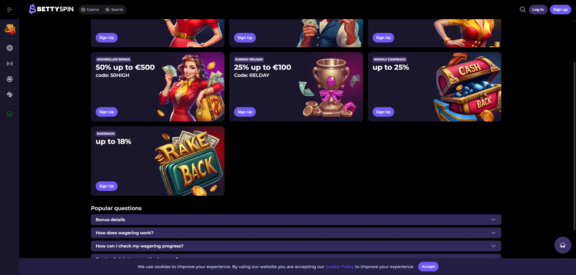 Betty Spin Casino bonus di benvenuto fino a 1500 euro e 250 giri gratuiti
